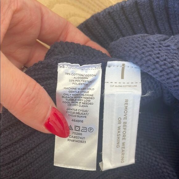 LOFT Off-Shoulder Navy Sweater with Striped Neckline - Picture 3 of 4